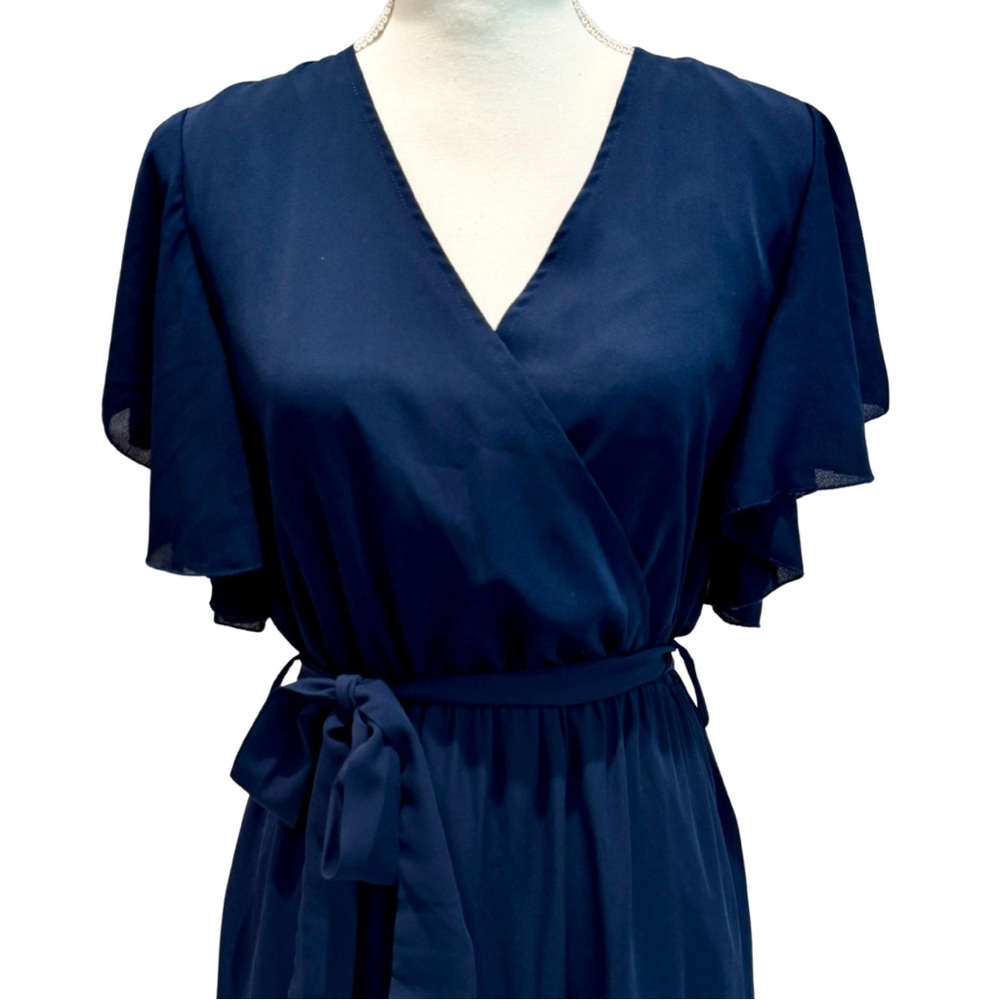 NWOT Navy Blue Flowy Midi Dress | Ruffle Sleeves + Elastic Waist (M) - Picture 7 of 13